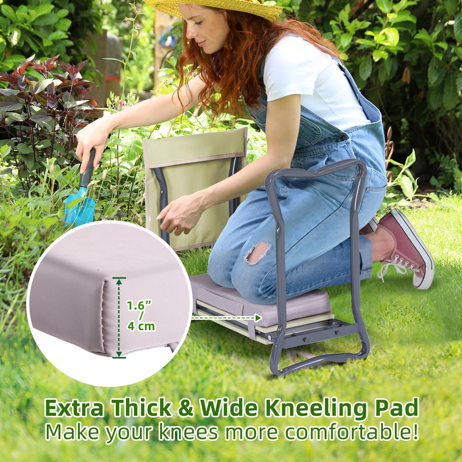 Ohuhu Upgraded Garden Kneeler and Seat 2-in-1 Foldable Gardening Stool with Detachable Soft Kneeling Pad, Garden Bench Heavy Duty with Large Tools Bag and Pouch, Gifts for Women Men Seniors Gardener