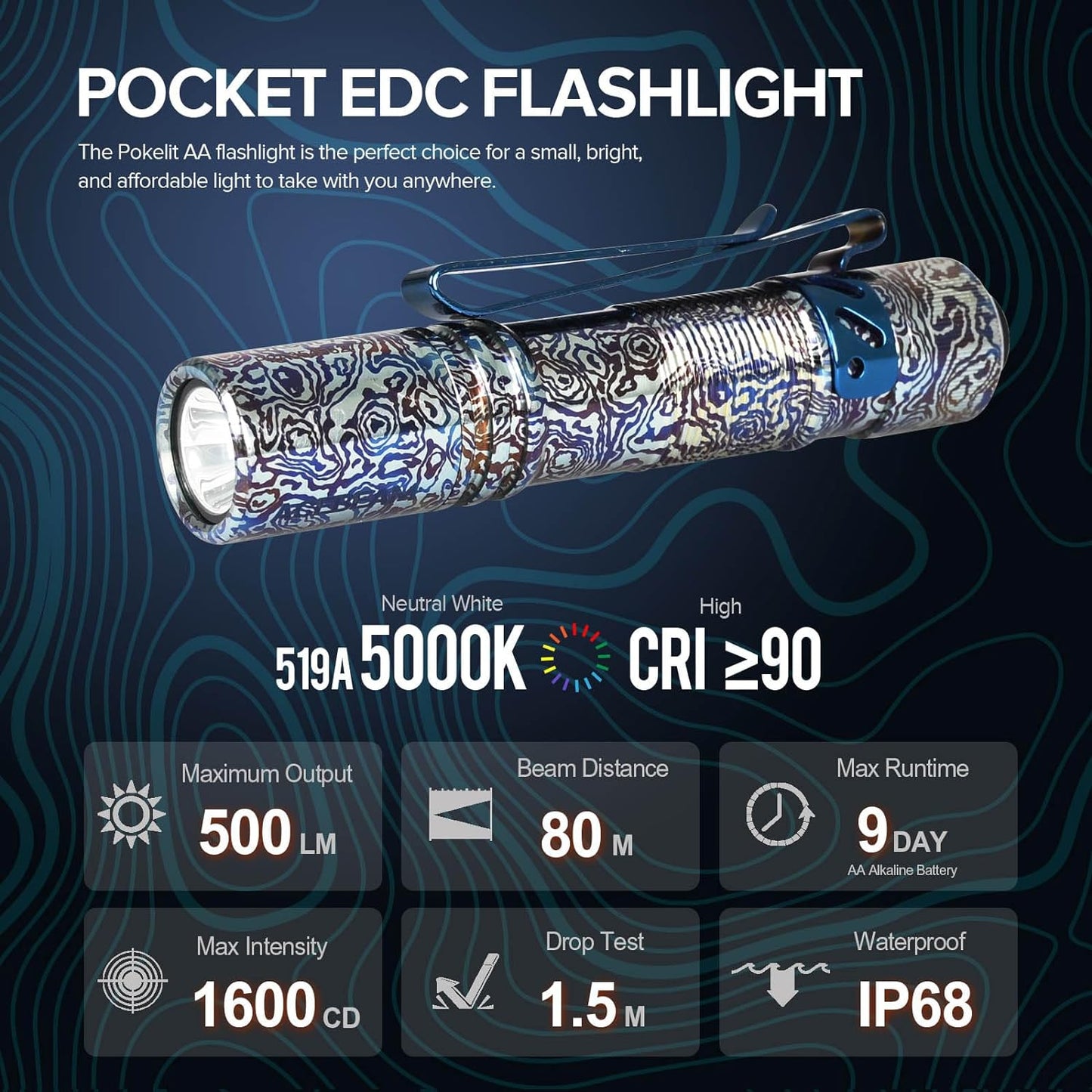 ACEBEAM Pokelit AA Rechargeable Mini Flashlight with Clip, 500 High Lumens Pocket EDC Flashlight, Super Bright Small Flashlight,519A 90+ High CRI Led Flashlight for Camping,Everyday Use(Titanium)