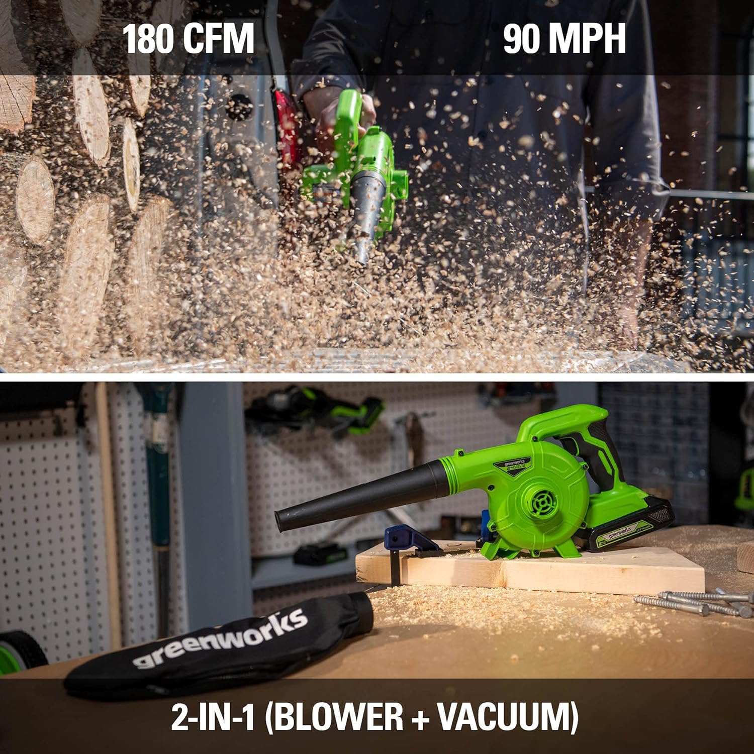 Greenworks 24V (90 MPH \/ 180 CFM \/ 125+ Compatible Tools) Cordless Shop Blower, 2.0Ah Battery and Charger Included