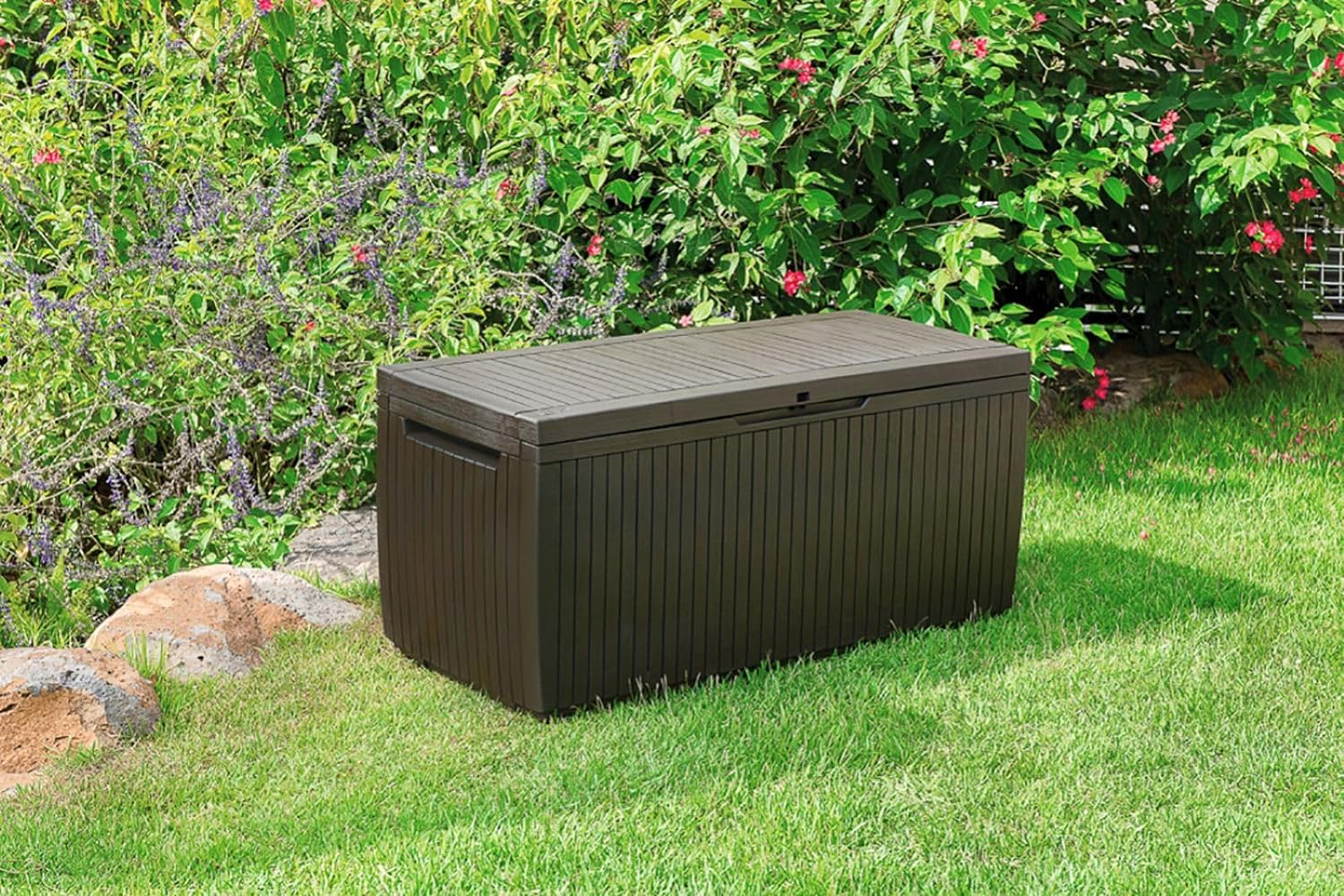 Keter Springwood 80 Gallon Resin Outdoor Storage Box for Patio Furniture Cushions, Pool Toys, and Garden Tools with Handles, Brown