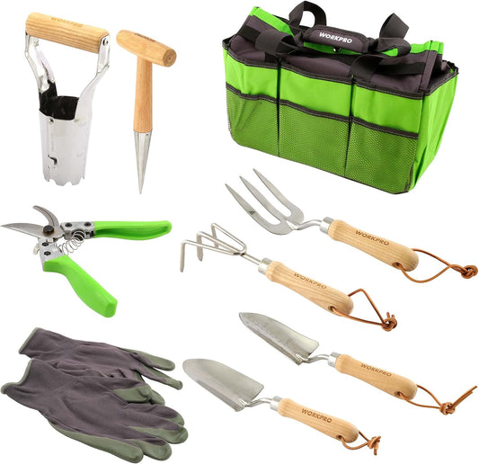 WORKPRO W005009WE 9 Piece Garden Tool Set – Heavy-Duty Stainless Steel, Includes Storage Tote Bag, Gardening Gloves and 7 Hand Tools (1 Kit)