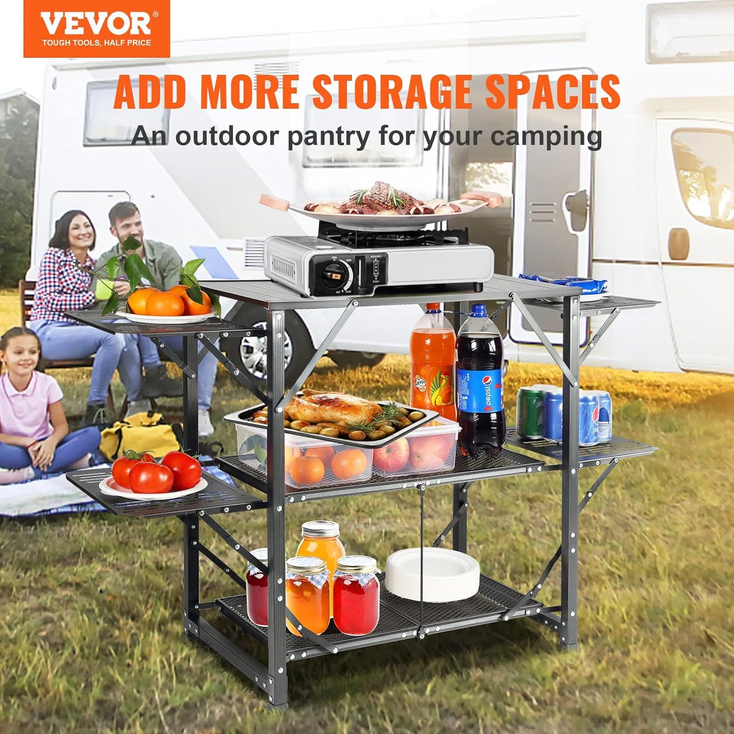 VEVOR Camping Kitchen Table, Aluminum Folding Portable Outdoor Cook Station with 4 Iron Side, 2 Shelves & Carrying Bag, Quick Installation for Picnic BBQ Beach Traveling