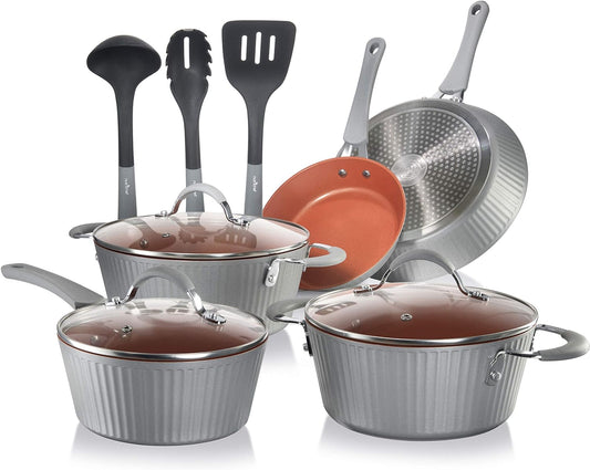 NutriChef Nonstick Cookware Excilon |Home Kitchen Ware Pots & Pan Set with Saucepan, Frying Pans, Cooking Pots, Lids, Utensil PTFE\/PFOA\/PFOS Free, 11 Pcs, Gray
