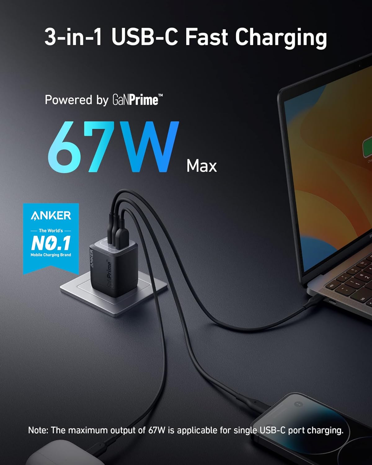 Anker Prime 67W USB C Charger, Anker GaN 3-Port Compact Fast PPS Wall Charger, For MacBook Pro/Air, Pixelbook, iPad Pro, iPhone 15/14/Pro, Galaxy S23/S22, Note20, Pixel, Apple Watch