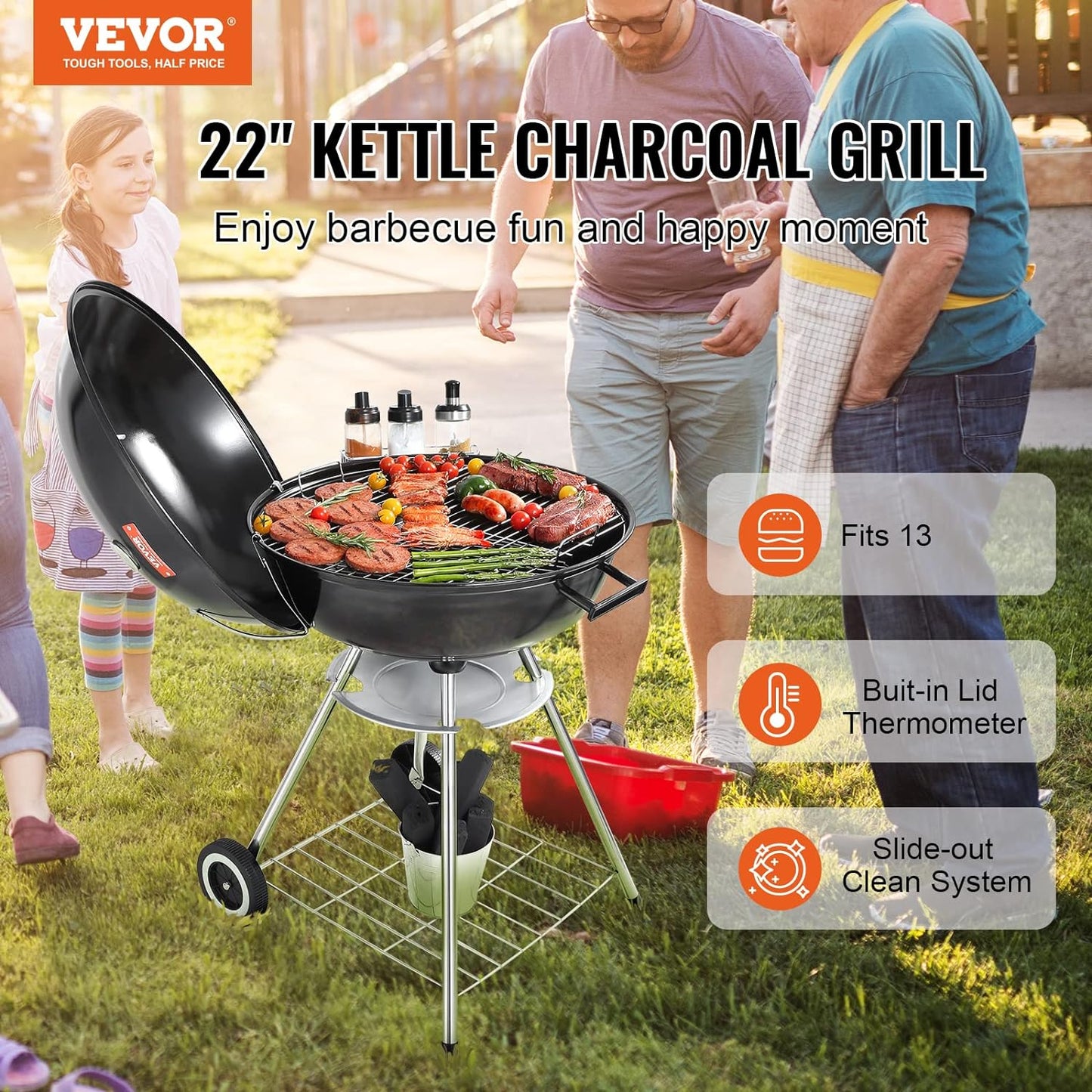 VEVOR 22 inch Charcoal Grill, Portable Charcoal Grill with Wheels for Outdoor, Porcelain-Enameled Lid and Ash Catcher & Thermometer, Round Barbecue Kettle Grill Bowl Wheels for Small Patio Backyard