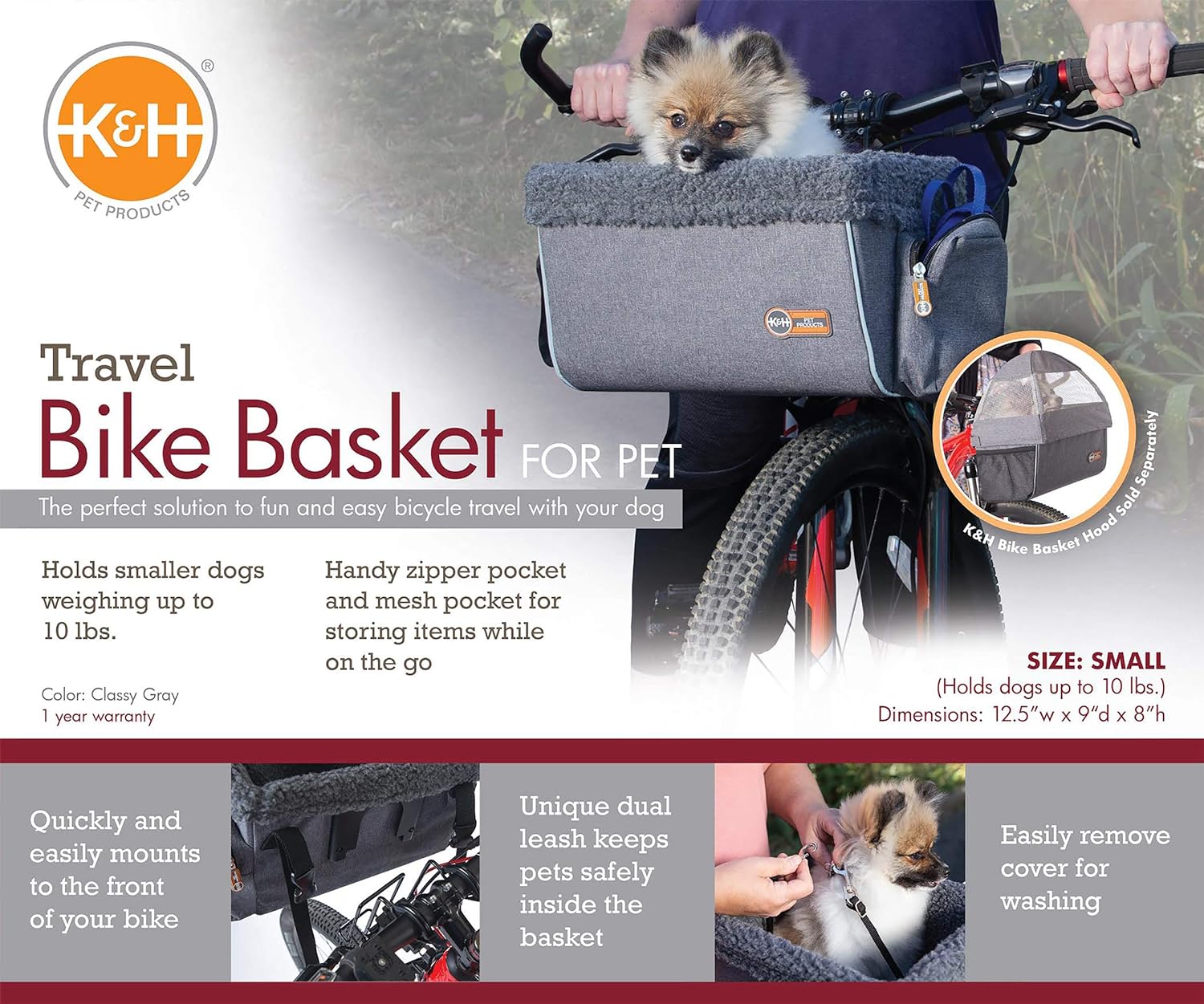 K&H Pet Products Universal Bike Pet Carrier for Travel, Cat and Dog Bicycle Baskets, Classy Gray Small 9 X 12.5 X 8 Inches