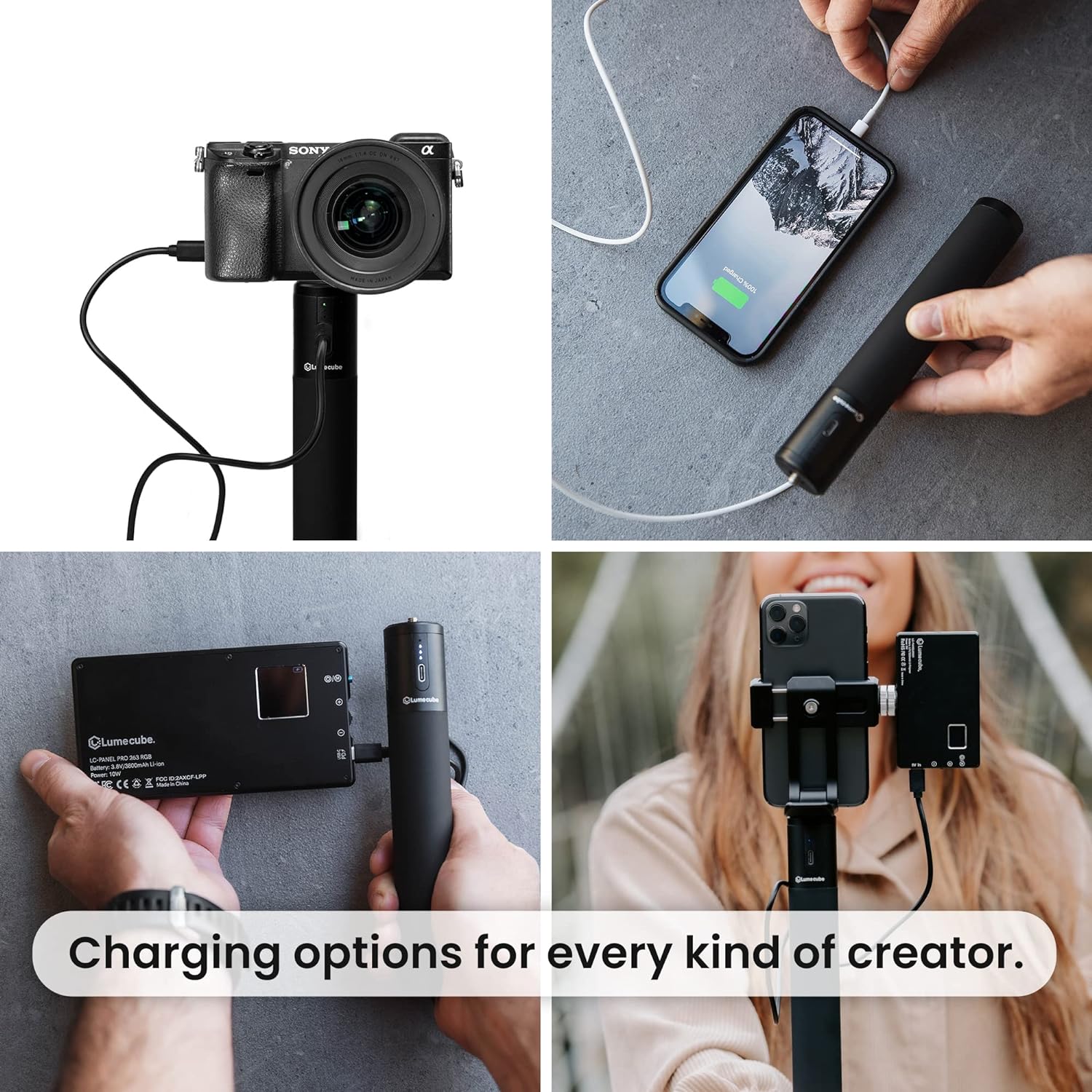 LUME CUBE Power Bank Grip | Portable Charger Handle for DSLR Camera, LED Lights, iPhone, Smartphones & GoPro | Portable Anti-Slip Rechargeable Battery Grip 10000mAh 5V/3A Input/Output