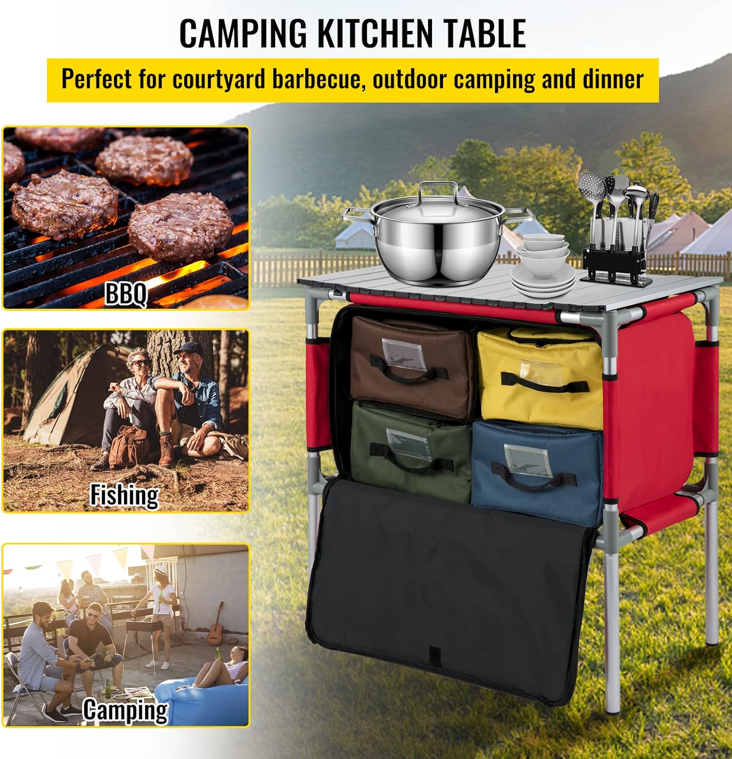 VEVOR Outdoor Camping Storage Organizer, Aluminum Portable Kitchen Table, Folding Station w/ 4 Storage, 4 Detachable Legs & Carry Bag, Quick Installation for Picnic Beach Party Cooking, Red