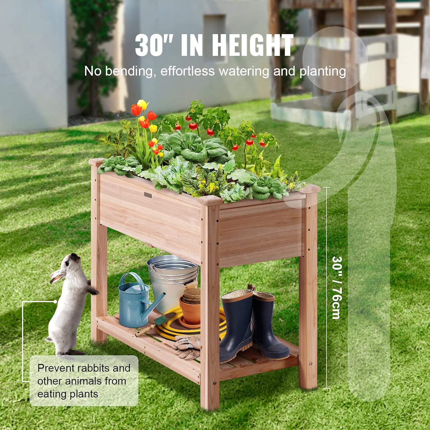 VEVOR Raised Garden Bed 34x18x30in with Sturdy Legs, High End Natural Fir Wood Planter Box Elevated Planting Stand for Backyard\/Garden\/Patio\/Balcony w\/Non -Woven Liner & 1 Set of Tool, 165lb Capacity