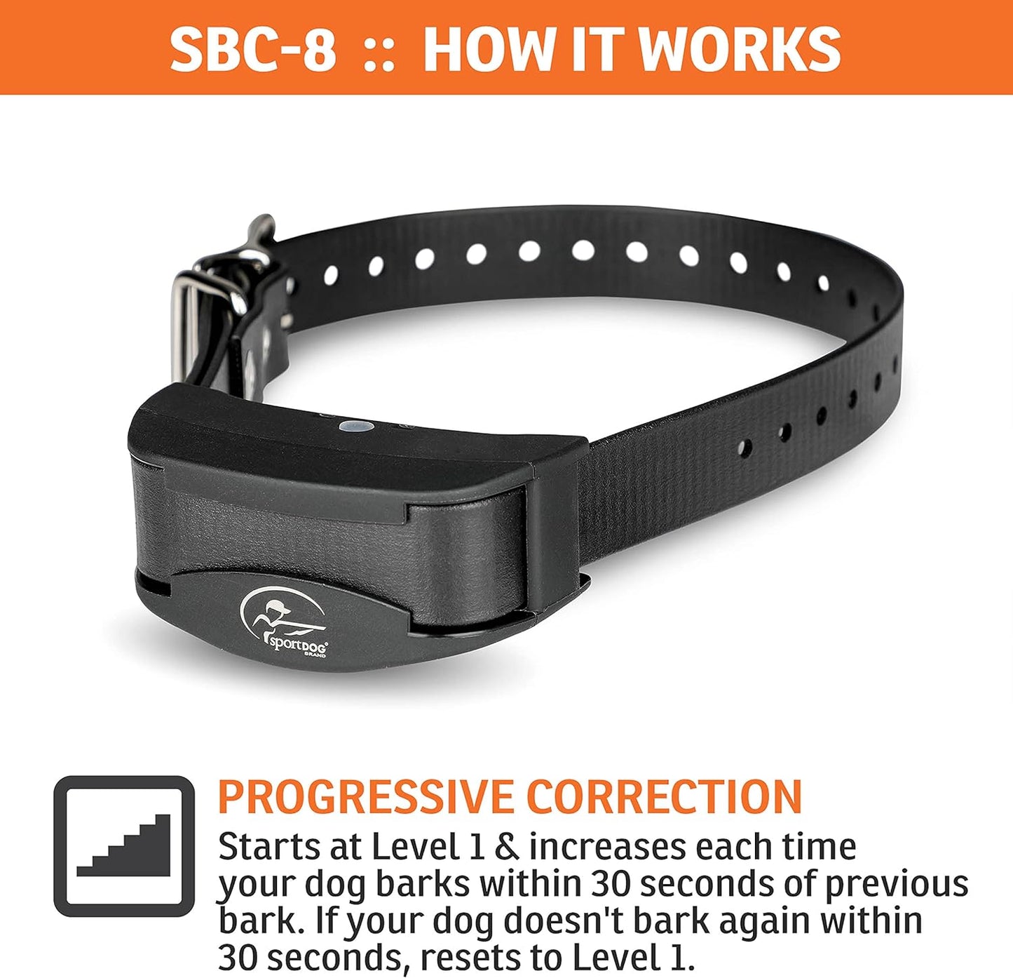 SportDOG Brand NoBark SBC-8 Bark Control Collar - Shock Collar with Progressive Correction - Waterproof - Static Stimulation - Dogs 8 lbs & up