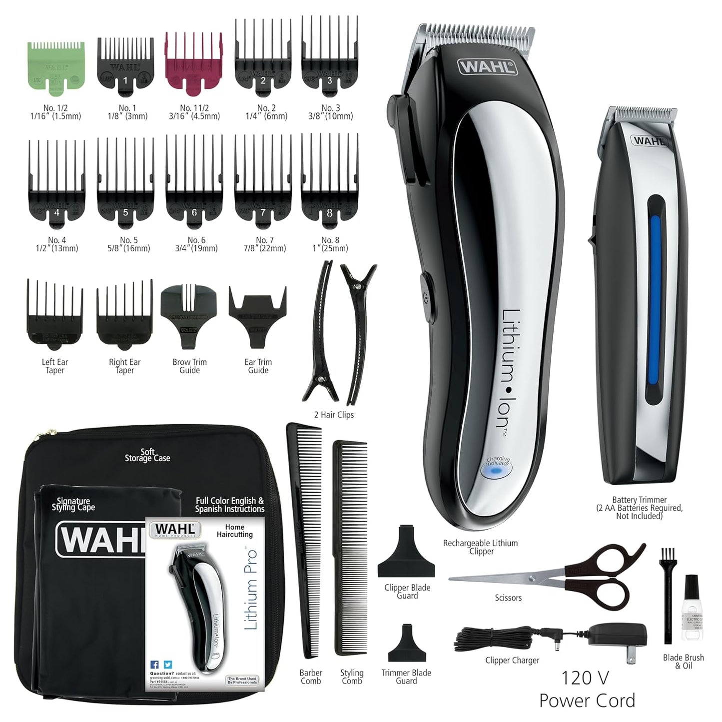 Wahl USA Clipper Rechargeable Lithium Ion Cordless Haircutting Clipper & Battery Trimming Combo Kit – Electric Clipper for Grooming Heads, Beards, & All Body Grooming – Model 79600-2101P