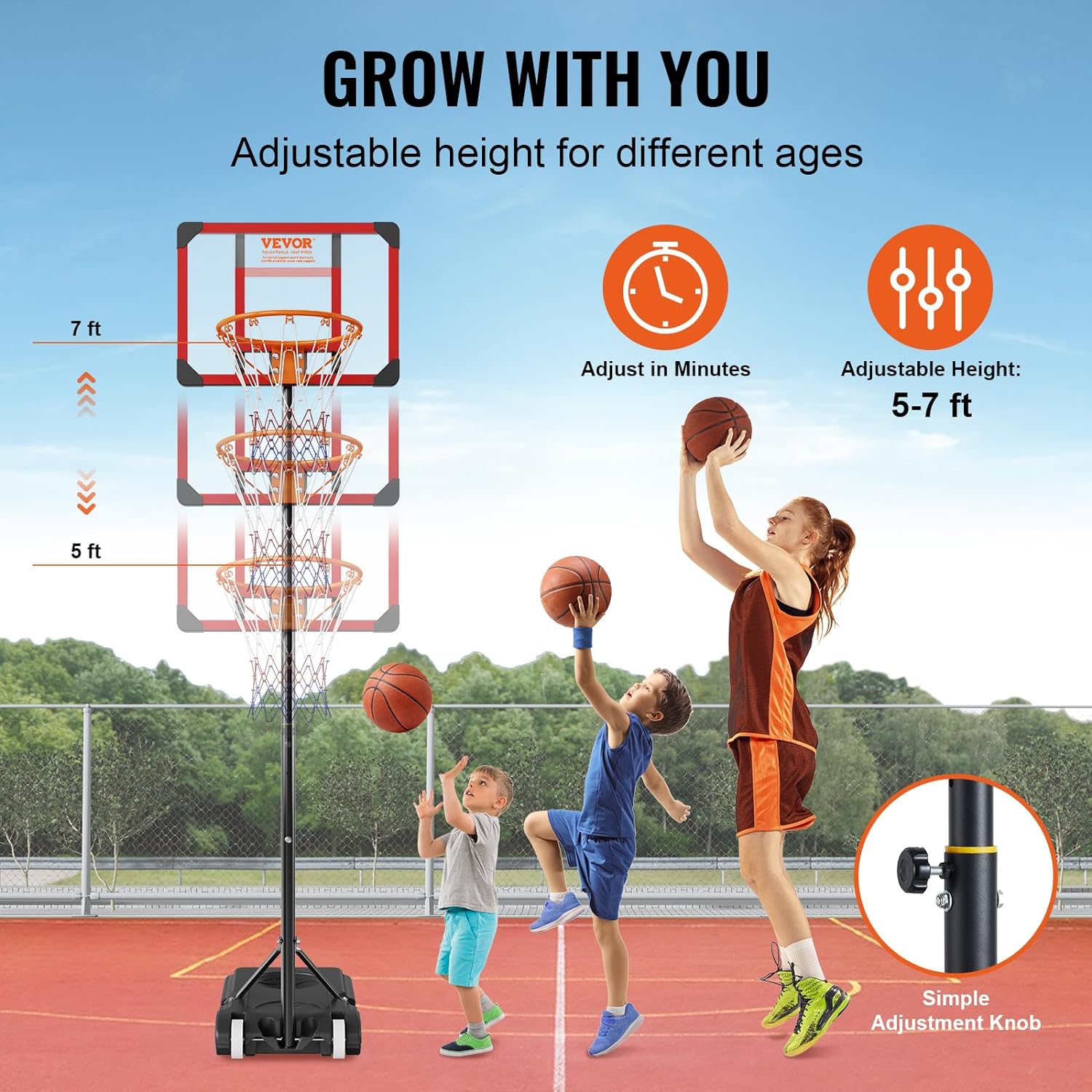 Vevor Kids Basketball Hoop Outdoor 5-7 ft Adjustable, Portable Basketball Hoops & Goals for Kids/Teenagers/Youth in Backyard/Driveway/Indoor, with Wheels, Stand, PC Backboard,and Fillable Base