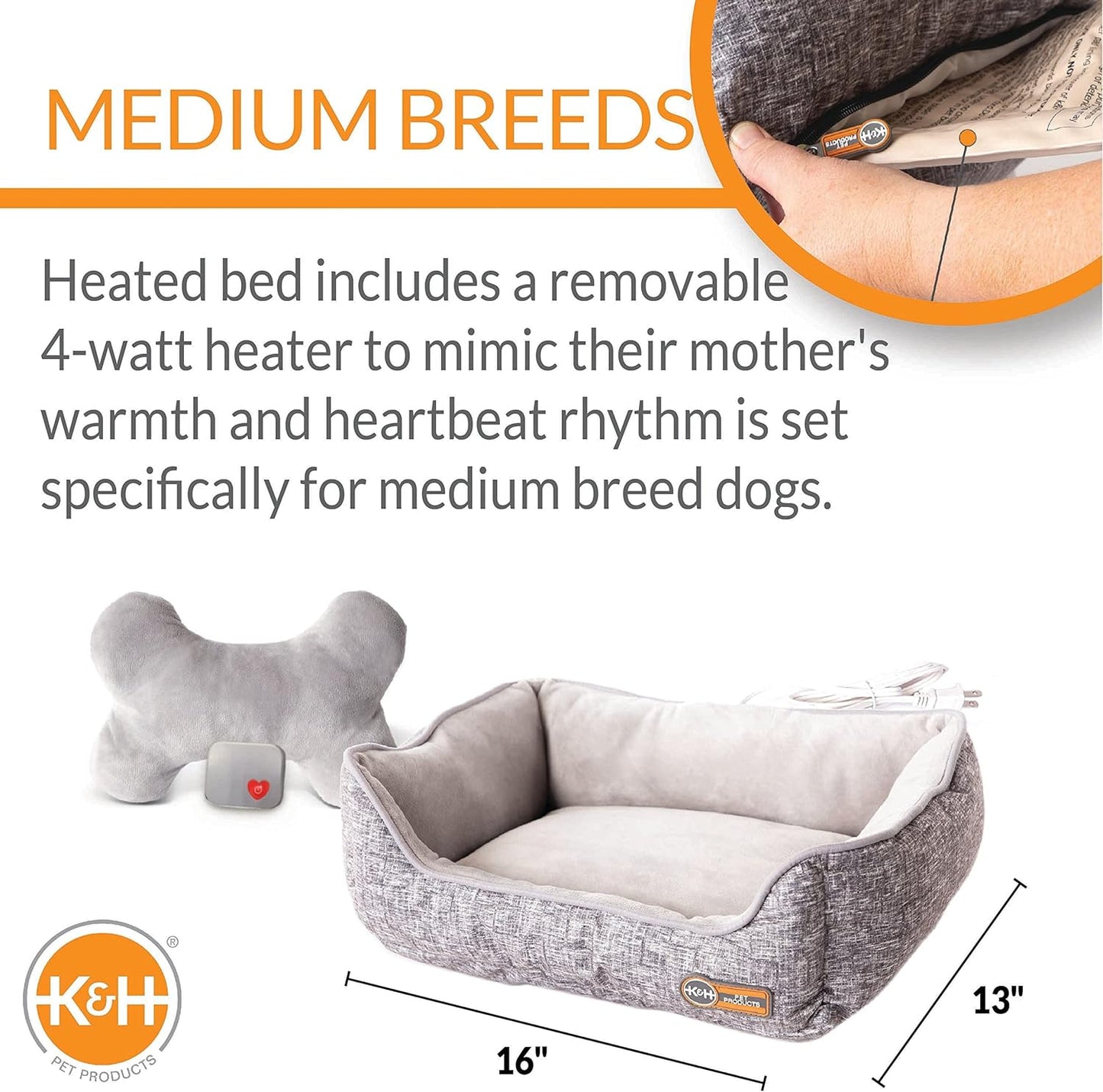 K&H Pet Products Mother's Heartbeat Heated Dog Bed with Bone Pillow Heartbeat Puppy Toy, New Puppy Essential Heated Puppy Bed + Dog Anxiety Toy - Gray 13 X 16 Inches w\/ Medium Breed Heartbeat Rhythm