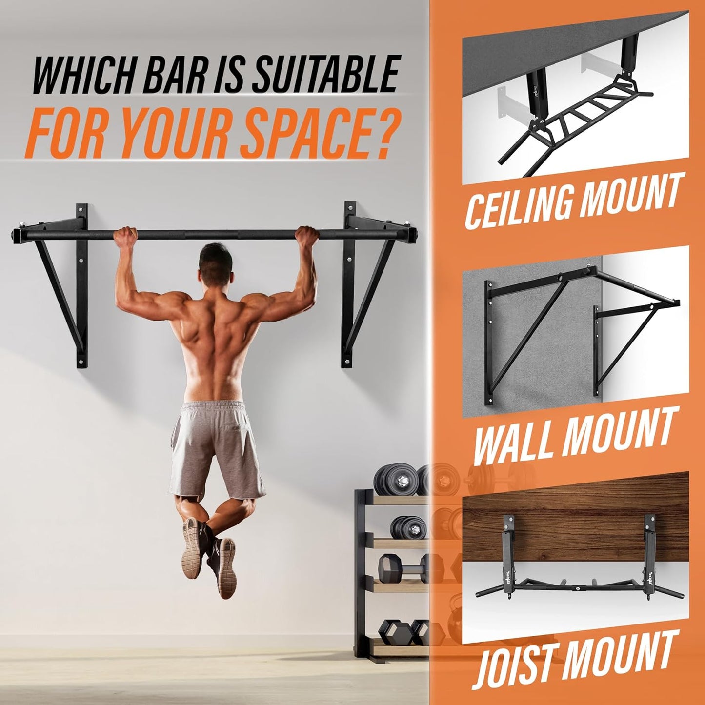 Yes4All Heavy Duty Wall Mounted Pull Up Bar \u2013 Multi-Grip Ceiling Strength\/ Joist Mount\/ Chin-Up Bar for Home Gym Portable