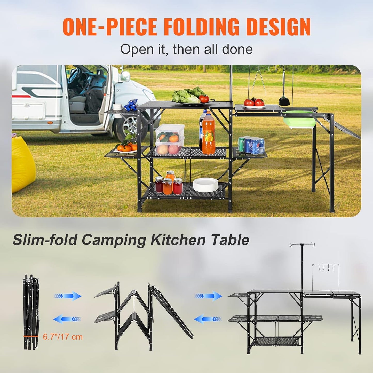 VEVOR Camping Kitchen Table with Sink, Aluminum Folding Portable Outdoor Cook Station, 2 Shelves & Carrying Bag for Picnic BBQ Beach Traveling