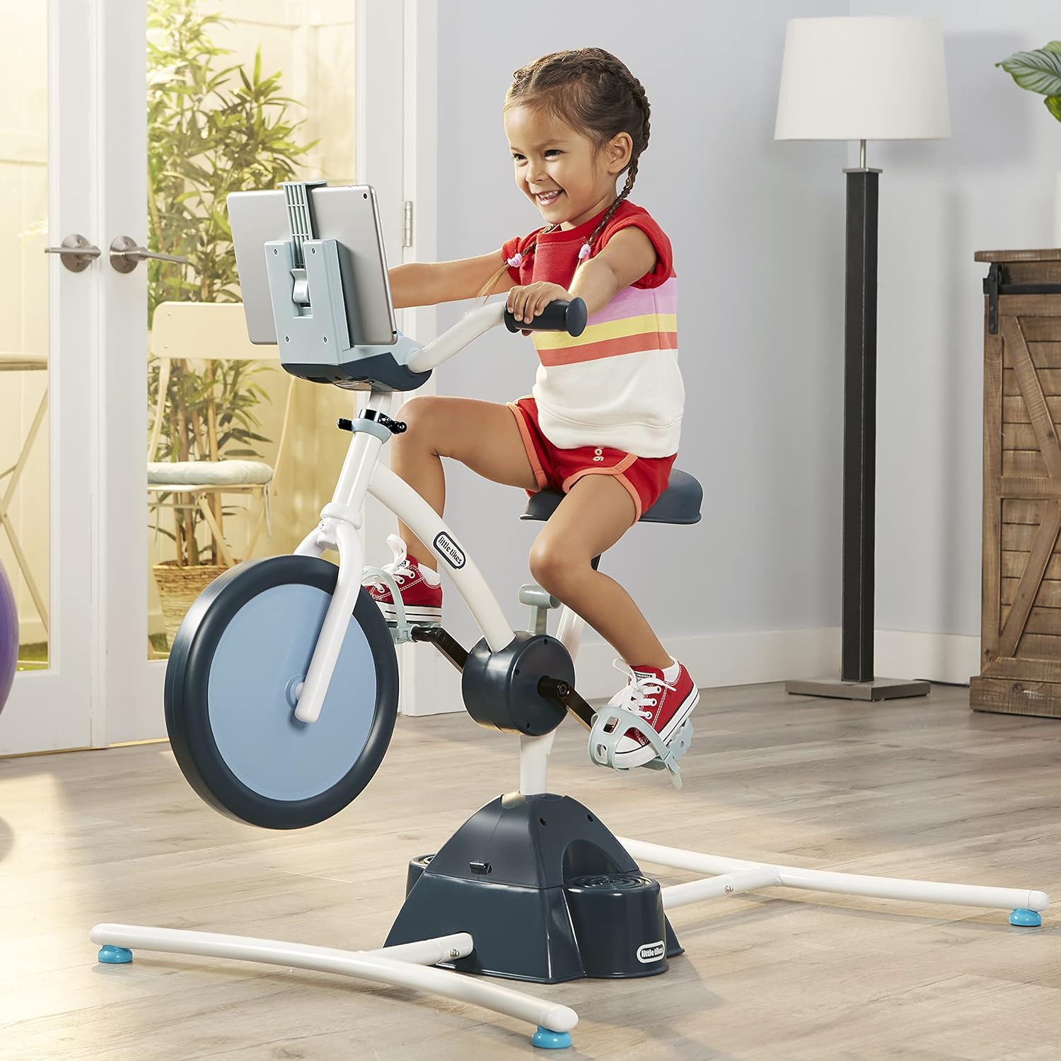 Little Tikes Pelican Explore & Fit Cycle Adjustable Play Fitness Exercise Equipment Stationary Bike with Videos and Built-in Bluetooth Speaker, For Kids Ages 3-7 Years, WHITE, BLUE