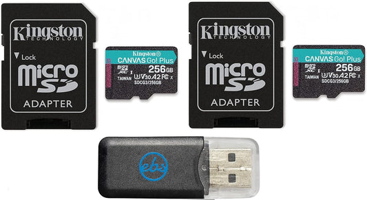 Kingston 256GB Canvas Go Plus MicroSD Memory Card (2 Pack) with Adapter Works with GoPro Hero 10 (Hero10) Class 10, SDXC (SDCG3/256GB) Bundle with (1) Everything But Stromboli MicroSD Card Reader