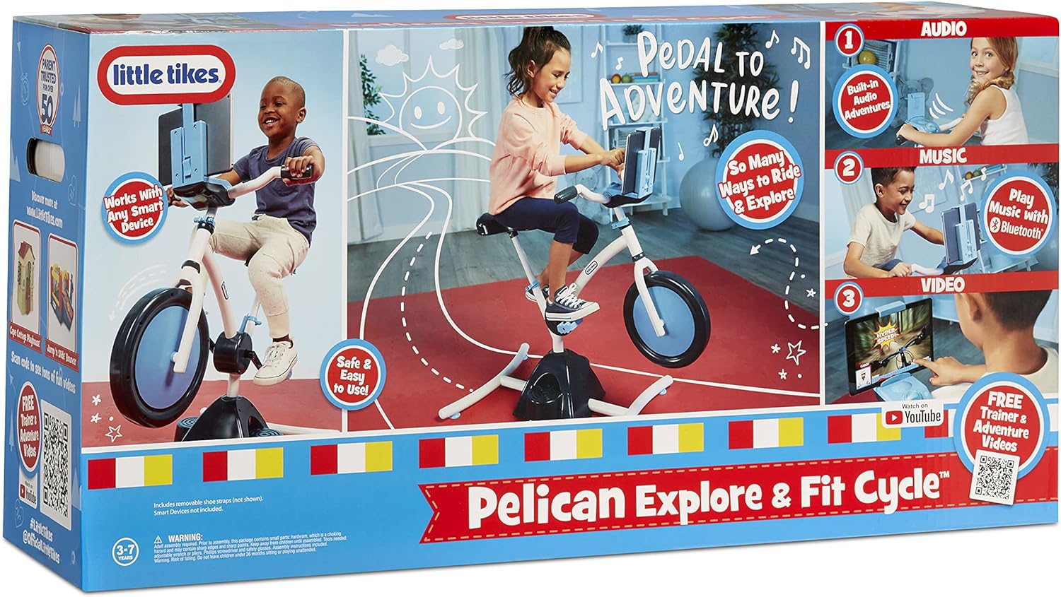 Little Tikes Pelican Explore & Fit Cycle Adjustable Play Fitness Exercise Equipment Stationary Bike with Videos and Built-in Bluetooth Speaker, For Kids Ages 3-7 Years, WHITE, BLUE