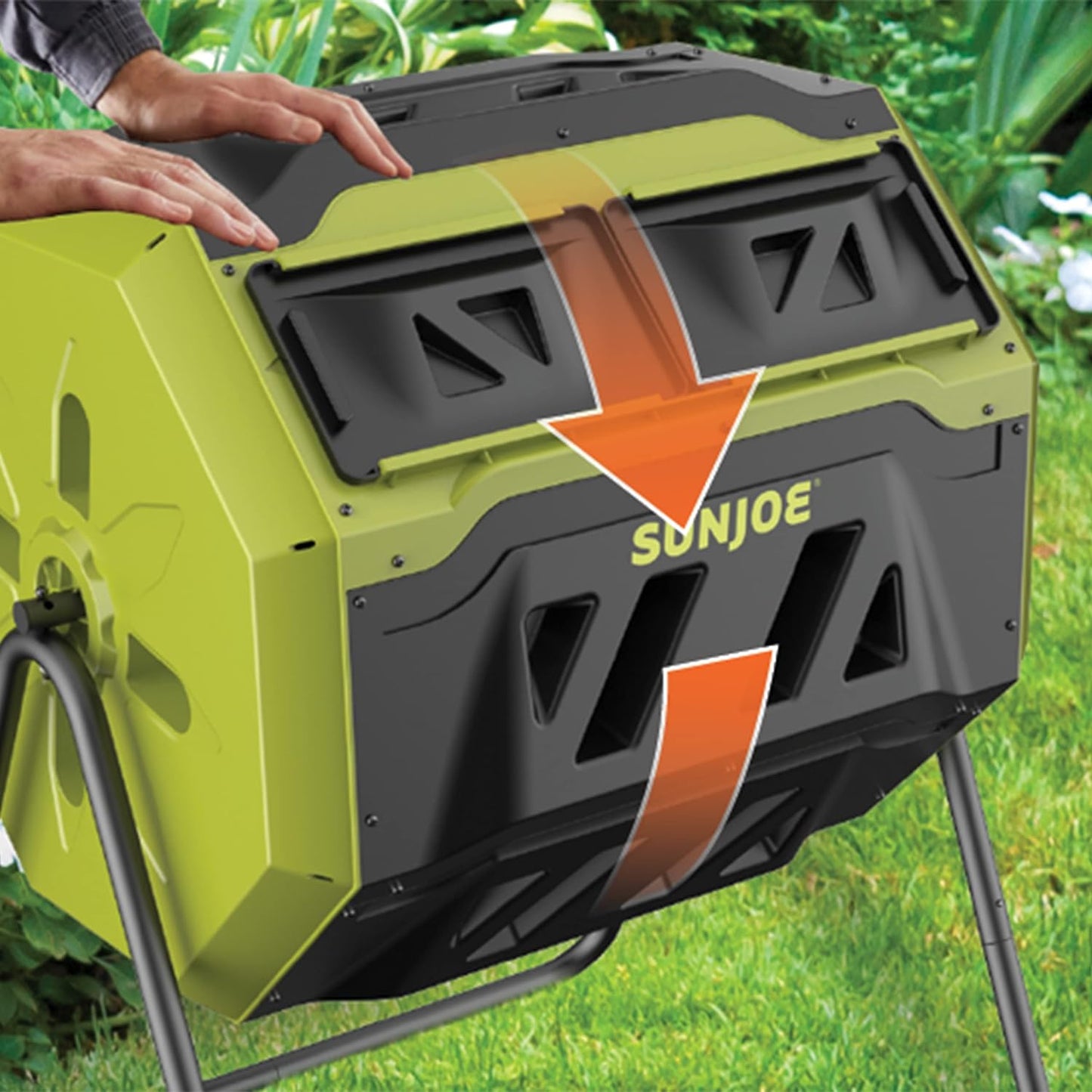 Sun Joe SJ-CMPS1 All-Season Outdoor Tumbling Composter, Dual Sliding Chamber, 42-Gallon, 2-10 Weeks, BPA-Free Material