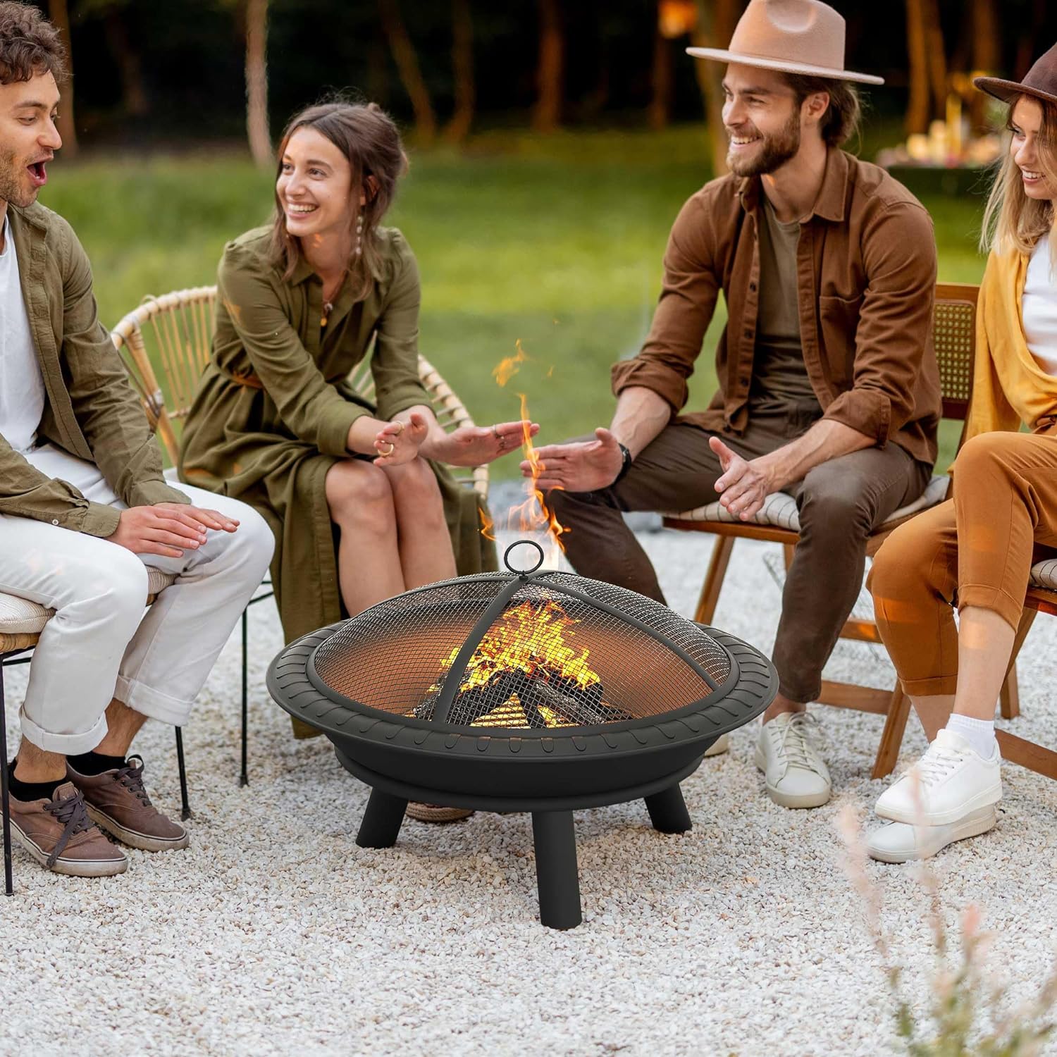 YITAHOME 25.6in Steel Replacement Fire Bowl with Round Spark Screen, Poker and Detachable Grate, Wood-Burning Fire Pit Bowl for DIY or Existing Outdoor Patio Fire Pit