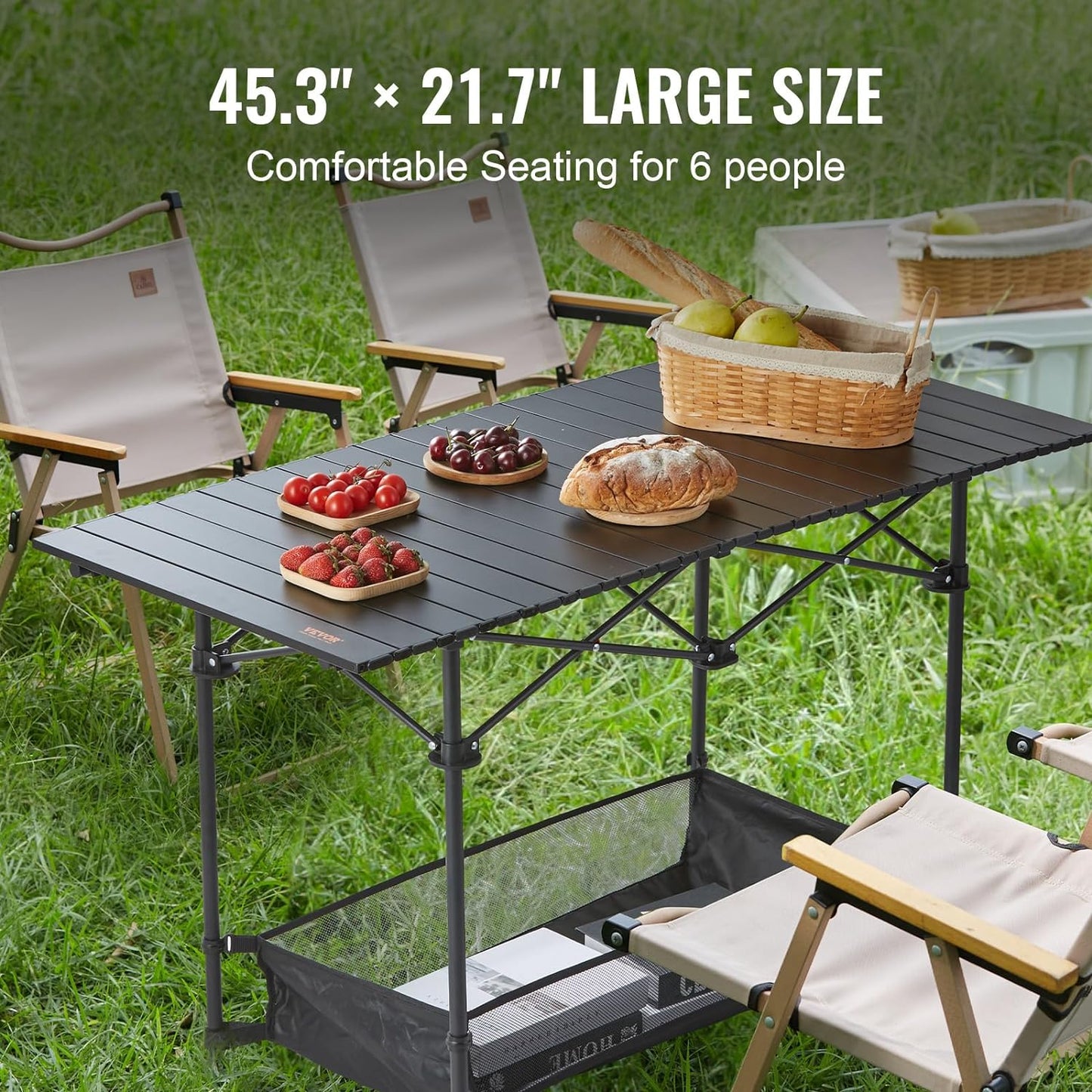 VEVOR Folding Camping Table, Aluminum Ultra Compact Outdoor Portable Fold Up Lightweight Table with Large Storage and Carry Bag, for Beach, Picnic, Travel, Backyard, BBQ, Patio, 45'' x 22'', Black