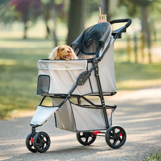 Carlson Pet Products Stroller, Includes 360 Degree Front Wheel Swivel, Rear Wheel Breaks, Reflective Trim, Mesh Panels, Umbrella and Mesh Canopy, Khaki