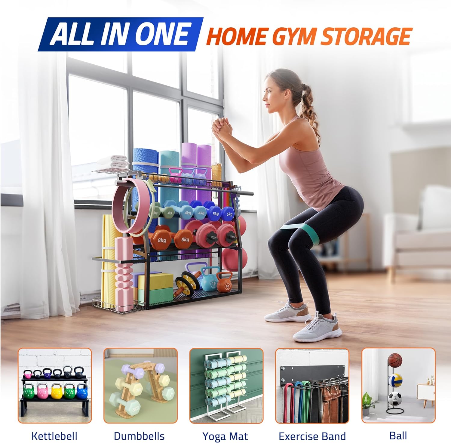 Yes4All Weight Rack for Home Gym 440lbs Capacity, Home Gym Storage Rack for Dumbbells, Yoga Mat, and Balls Holder - All in One Workout Equipment Storage Organizer with Hooks This Is Living