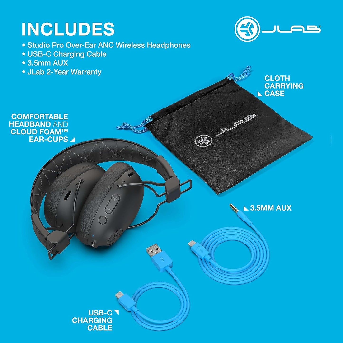 JLab Studio Pro ANC Bluetooth Wireless Over-Ear Headphones, 45+ Hour Bluetooth 5 Playtime, Smart Active Noise Cancellation, EQ3 Sound, Ultra-Plush Faux Leather and Cloud Foam Cushions, Black
