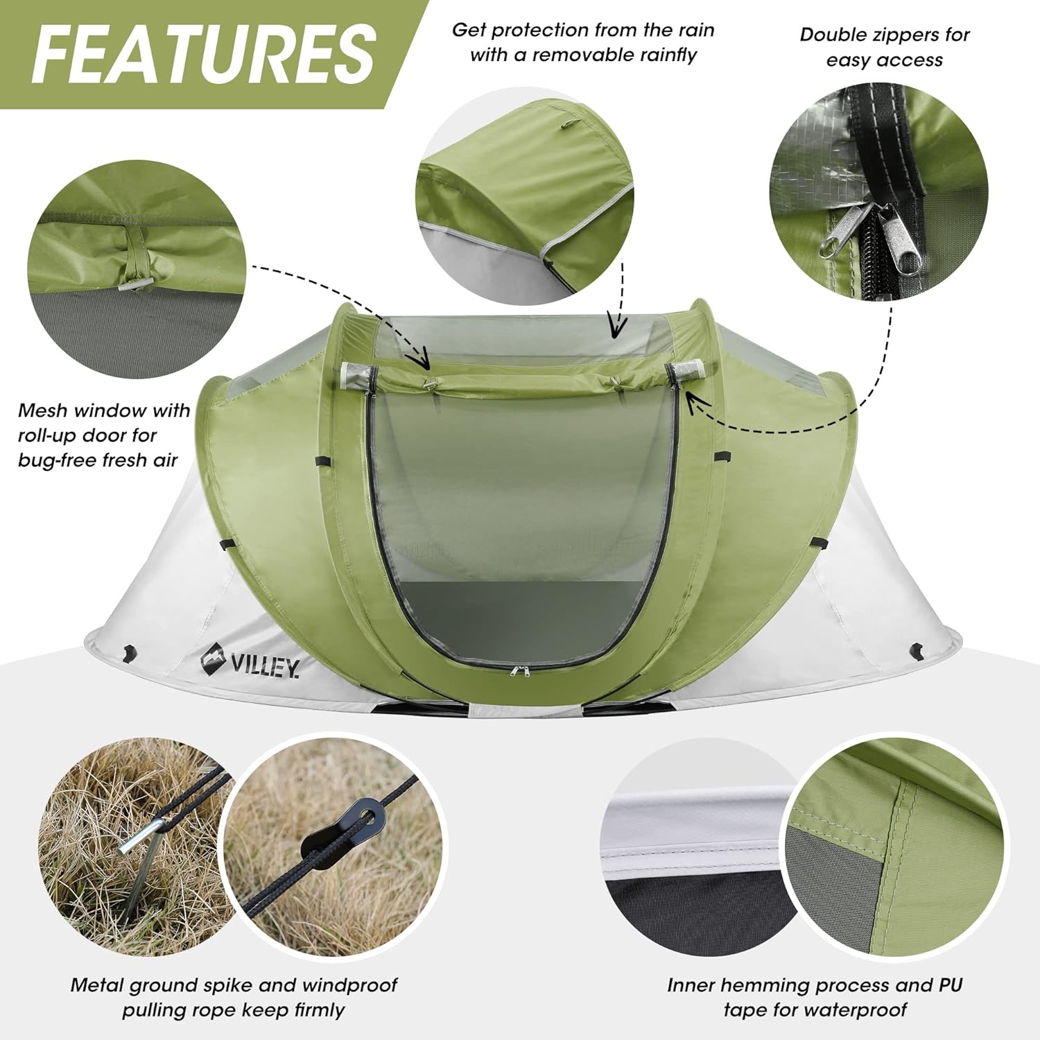 VILLEY 2 Person Easy Pop Up Tent, Waterproof Automatic Setup Instant Lightweight Camping Beach Tent with Carrying Bag for Camping, Hiking & Traveling