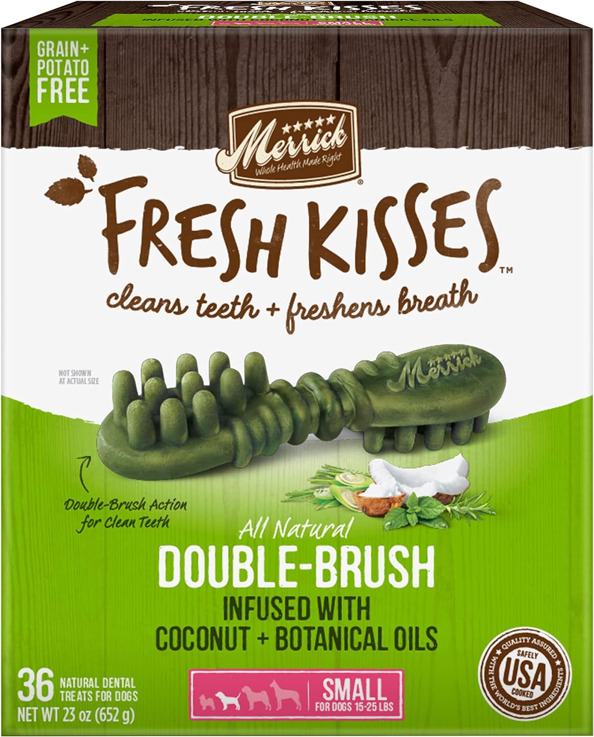 Merrick Fresh Kisses Dental Dog Treats, All Natural Double-Brush Dental Dog Treats Infused with Coconut & Botanical Oils, for Small Dog Breeds, 36 CT Box (Pack of 2)
