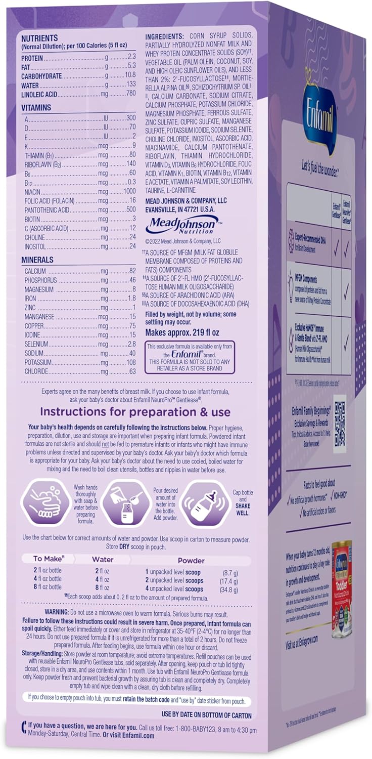 Enfamil NeuroPro Gentlease Baby Formula, Brain Building DHA, HuMO6 Immune Blend, Designed to Reduce Fussiness, Crying, Gas & Spit-up in 24 Hrs, Gentle Infant Formula Powder, Baby Milk, 30.4 Oz Refill