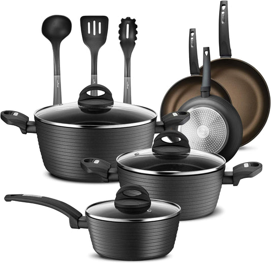 NutriChef Kitchenware Pots & Pans Kitchen Cookware Stylish Metallic Ridge-Line Pattern, Non-Stick (12-Piece Set), One Size, Gray