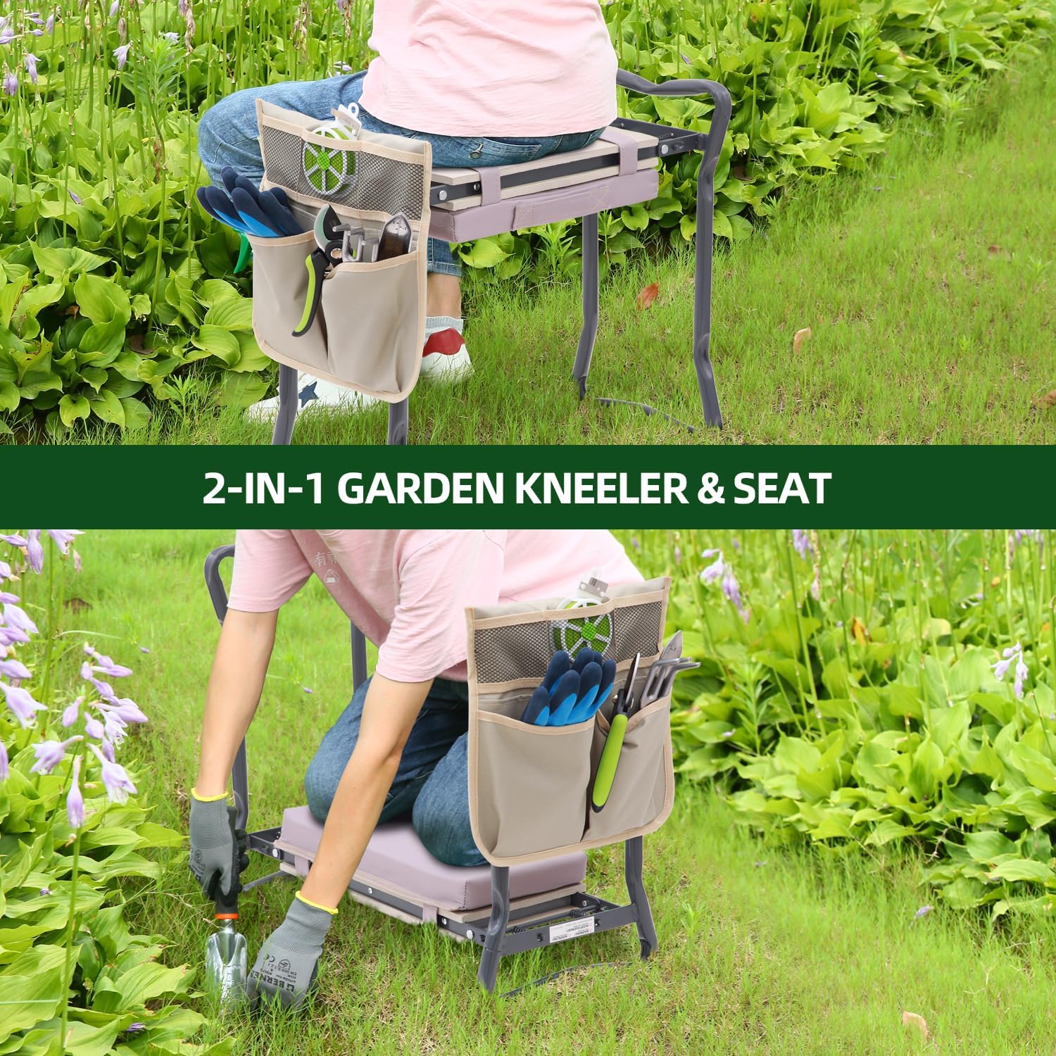 Ohuhu Upgraded Garden Kneeler and Seat 2-in-1 Foldable Gardening Stool with Detachable Soft Kneeling Pad, Garden Bench Heavy Duty with Large Tools Bag and Pouch, Gifts for Women Men Seniors Gardener