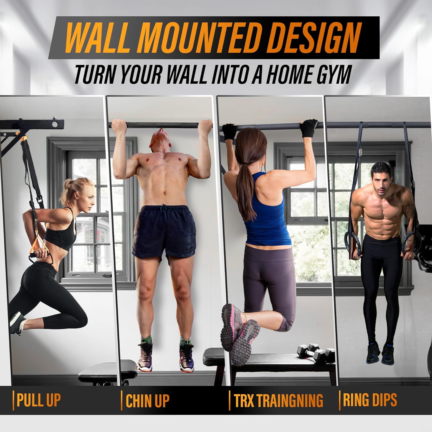 Yes4All Heavy Duty Wall Mounted Pull Up Bar \u2013 Multi-Grip Ceiling Strength\/ Joist Mount\/ Chin-Up Bar for Home Gym Portable