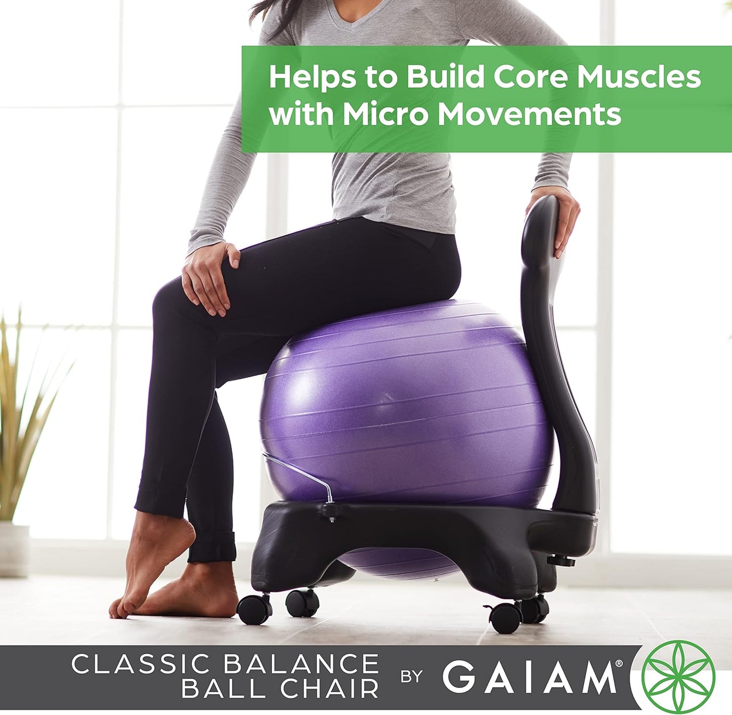 Gaiam Classic Balance Ball Chair \u2013 Exercise Stability Yoga Ball Premium Ergonomic Chair for Home and Office Desk with Air Pump, Exercise Guide and Satisfaction Guarantee