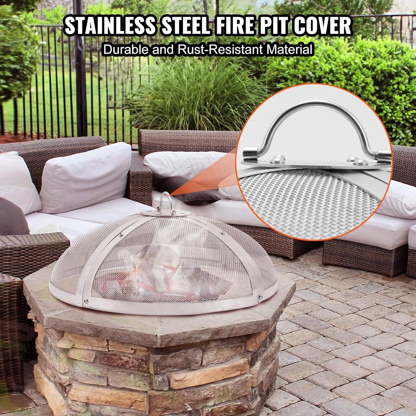 Fire Pit Spark Screen Round 36", Reinforced Heavy Duty Steel Metal Cover, Outdoor Firepit Lid, Easy-Opening Top Screen Covers Round with Ring Handle for Outdoor Patio Fire Pits Backyard