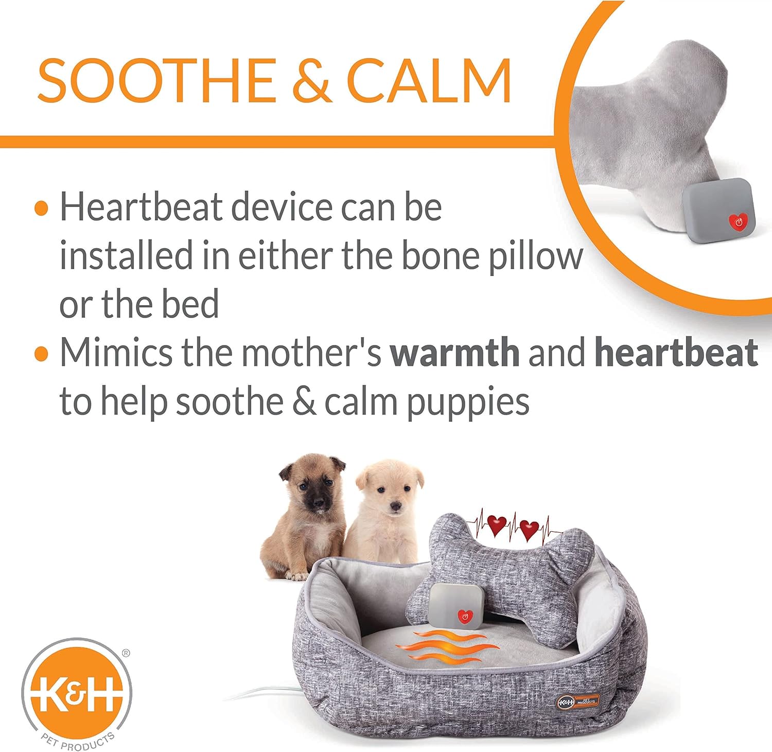 K&H Pet Products Mother's Heartbeat Heated Dog Bed with Bone Pillow Heartbeat Puppy Toy, New Puppy Essential Heated Puppy Bed + Dog Anxiety Toy - Gray 13 X 16 Inches w\/ Medium Breed Heartbeat Rhythm