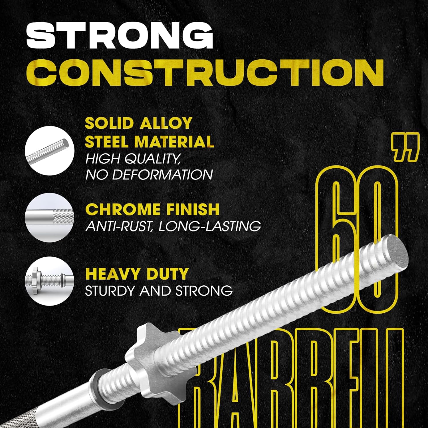 Yes4All 480LB Capacity Standard Straight Barbell 60"/5FT, Weight Bar 1" Diameter with Star Lock Collars & Rubber Ring for Deadlifts, Squats, Powerlifting, and Strength Training