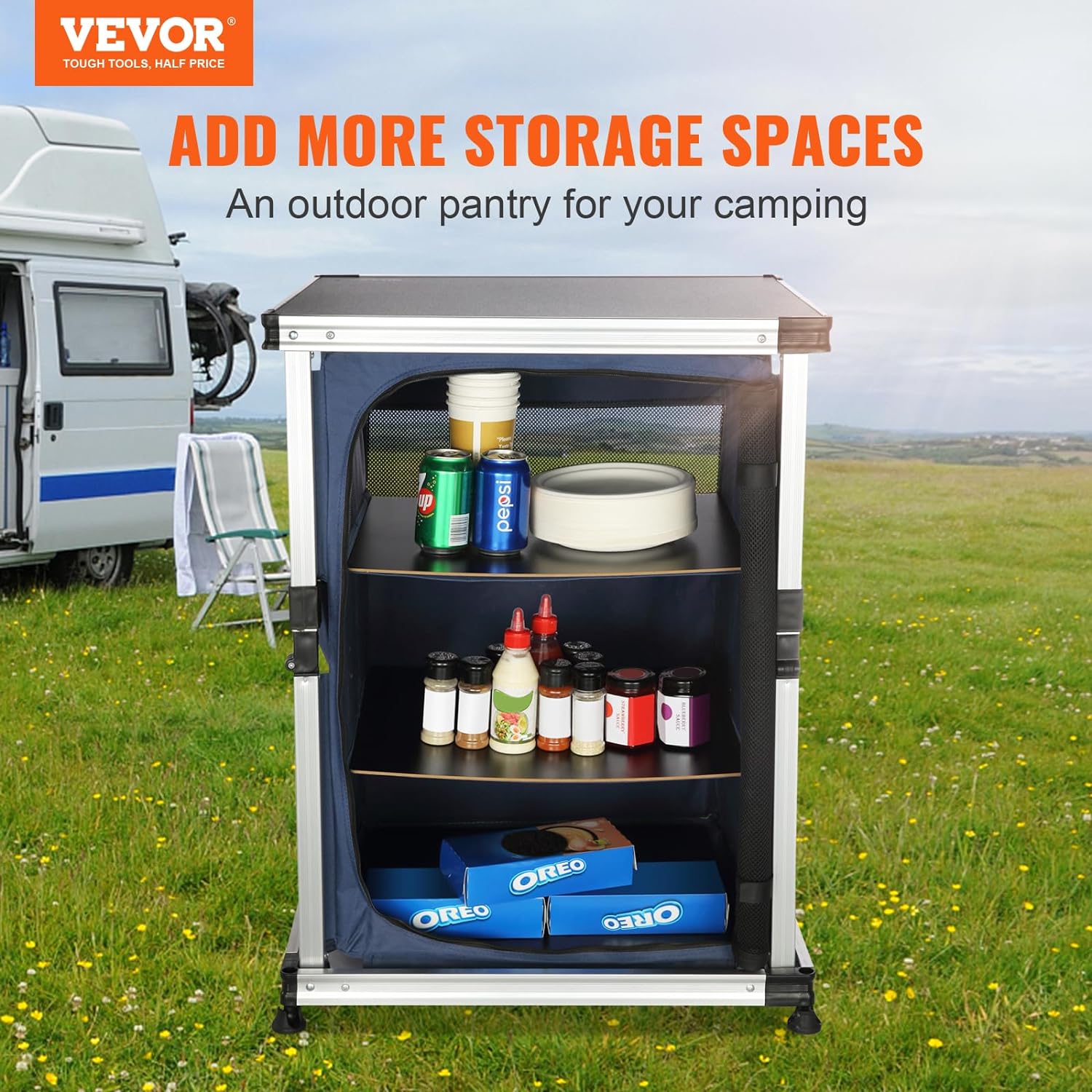 VEVOR Camping Kitchen Table, Lightweight Portable Folding Outdoor Cooking Storage Cabinet with 3-Tier Shelves, Side Pockets & Carrying Bag, Easy Set-up for Picnics, BBQ, RV Traveling