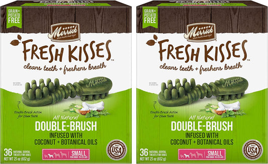 Merrick Fresh Kisses Dental Dog Treats, All Natural Double-Brush Dental Dog Treats Infused with Coconut & Botanical Oils, for Small Dog Breeds, 36 CT Box (Pack of 2)