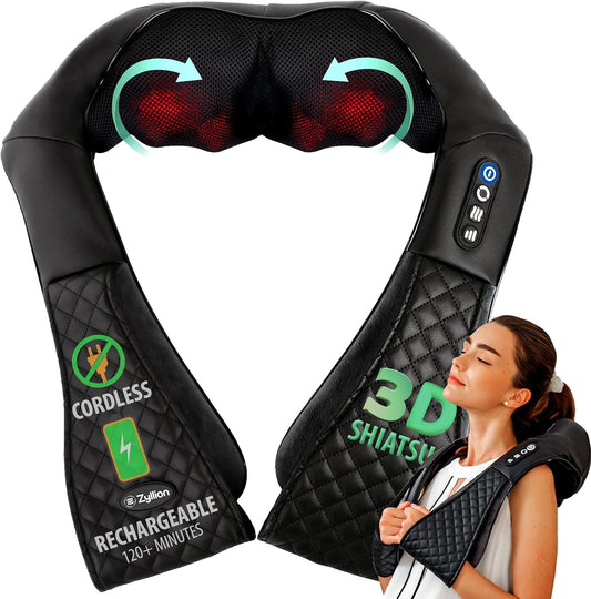 Zyllion Shiatsu Neck and Back Massager with Heat - Cordless Rechargeable 3D Kneading Deep Tissue Massage for Muscle Pain Relief on Shoulders, Legs, Foot - Black (ZMA-28RB)