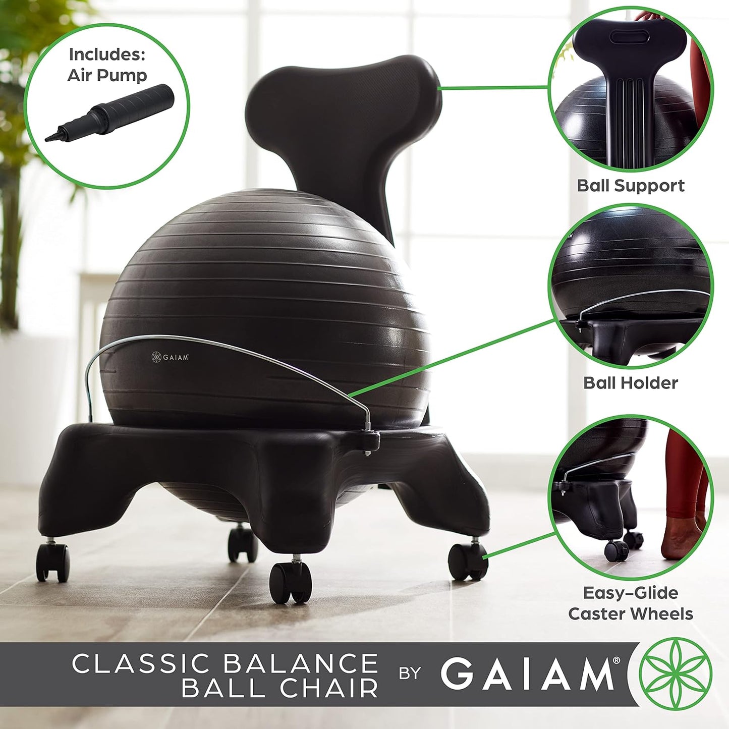 Gaiam Classic Balance Ball Chair \u2013 Exercise Stability Yoga Ball Premium Ergonomic Chair for Home and Office Desk with Air Pump, Exercise Guide and Satisfaction Guarantee