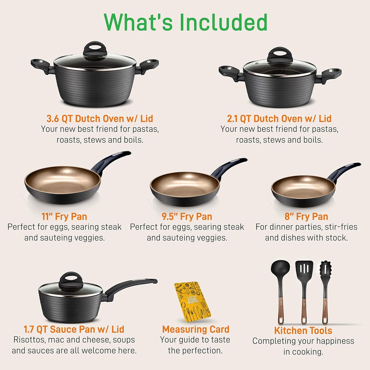 NutriChef Kitchenware Pots & Pans Kitchen Cookware Stylish Metallic Ridge-Line Pattern, Non-Stick (12-Piece Set), One Size, Gray