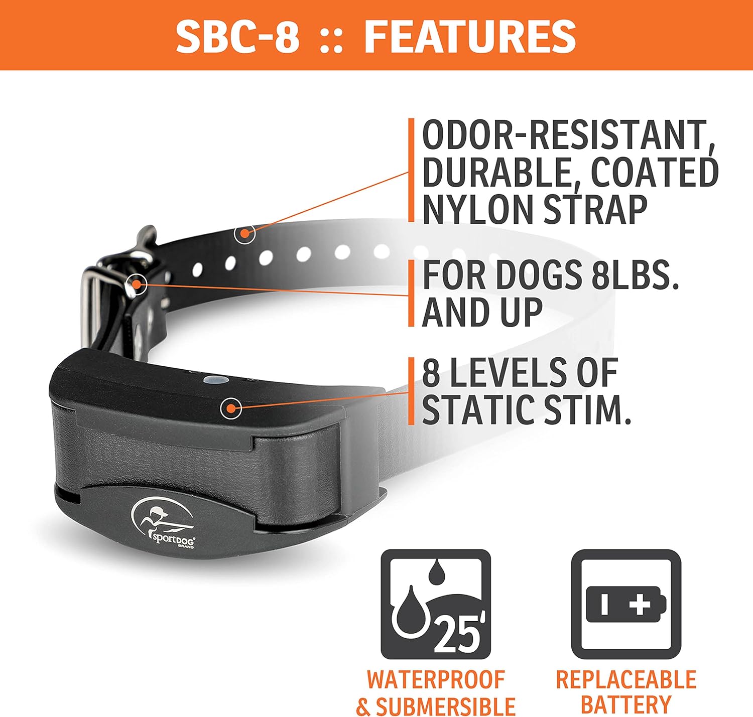 SportDOG Brand NoBark SBC-8 Bark Control Collar - Shock Collar with Progressive Correction - Waterproof - Static Stimulation - Dogs 8 lbs & up