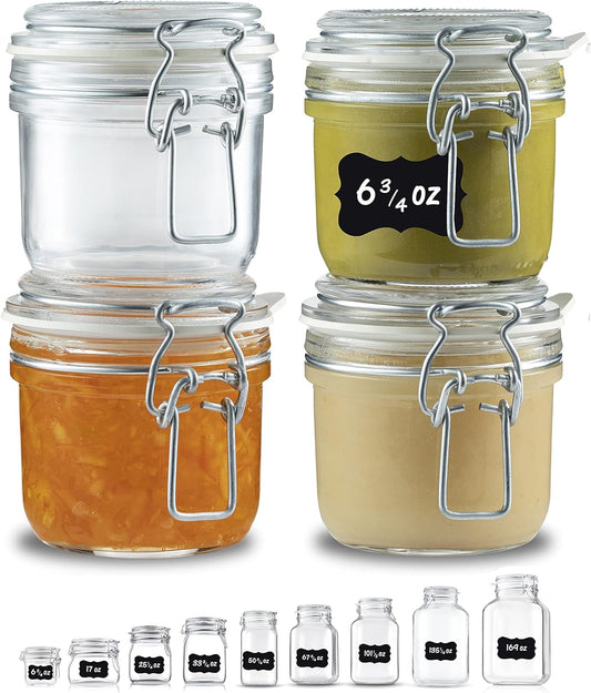 Bormioli Rocco - Food Storage Container - Glass Fido Jars - Hermetic Sealed Hinged Airtight Lid for Fermenting, With Paksh Chalkboard Labels 6 3\/4 Ounce (4 Pack)