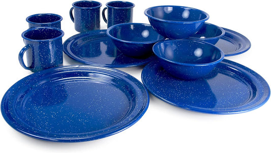 GSI Outdoors Sierra Enamel Table Set for Four with Bowls, Plates and Cups for Camping