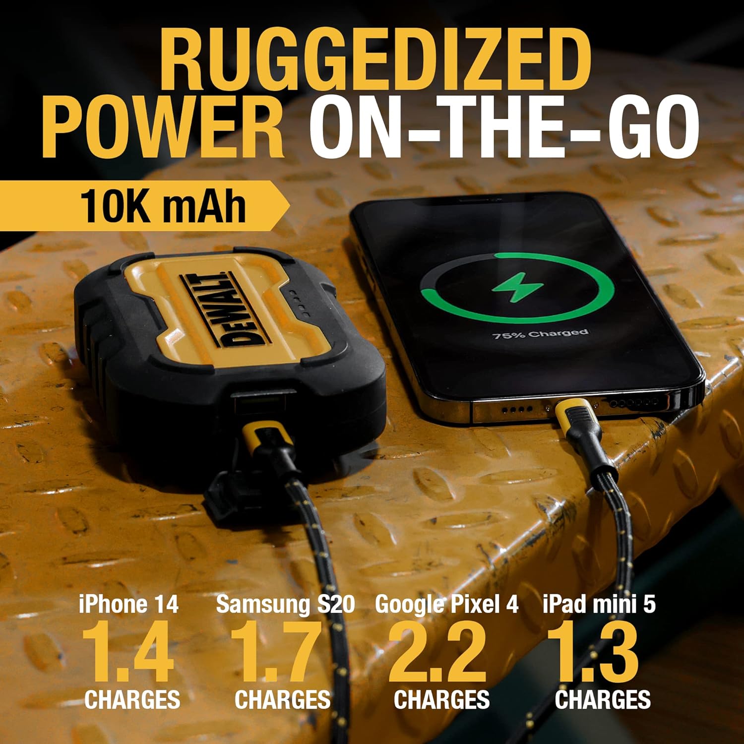 DEWALT 10,000mAh Powerbank - Portable Battery Charger, Slim Design, Fast Charging, USB-C