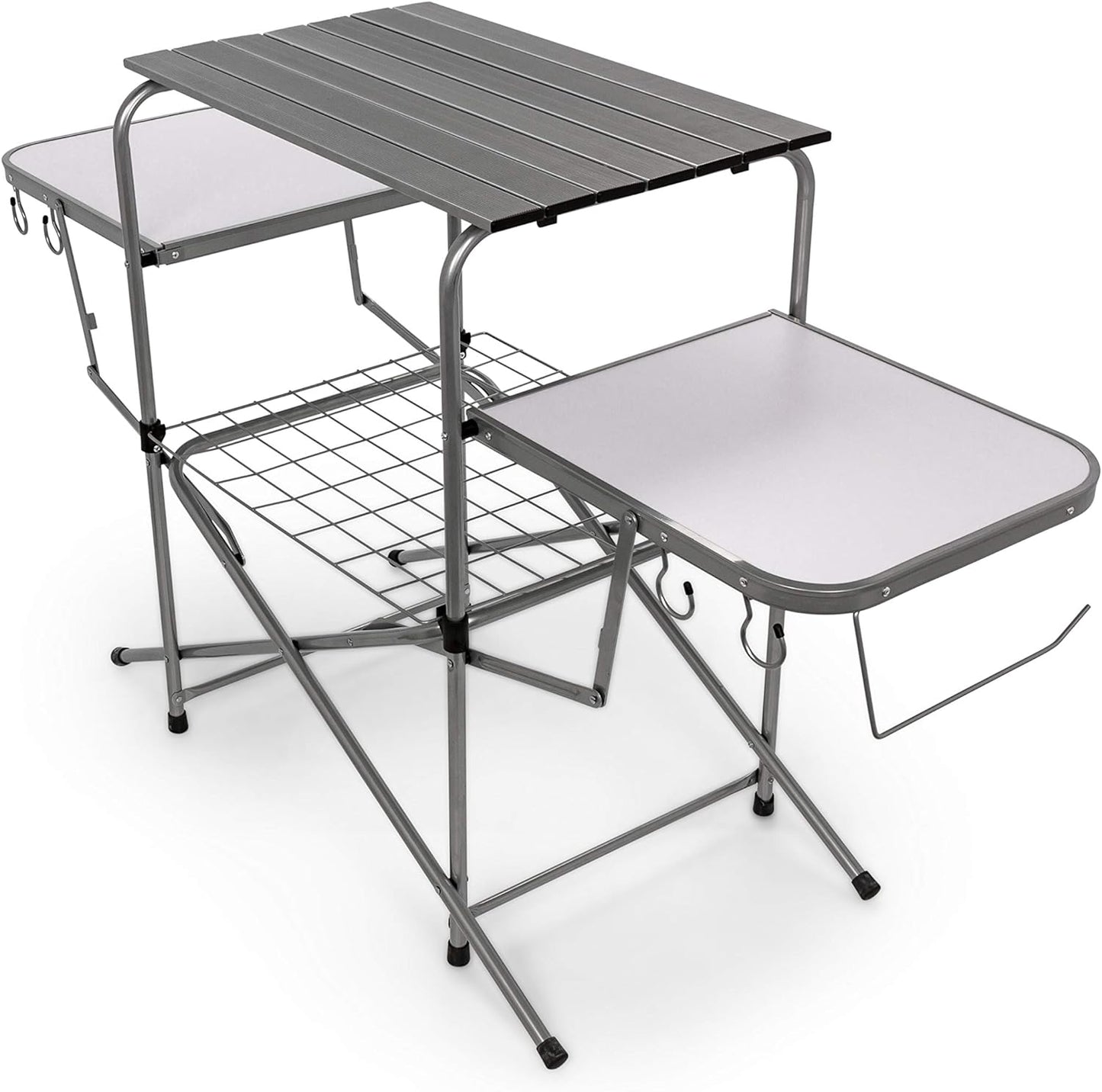 Camco Olympian Deluxe Portable Grill Table | Provides Plenty of Room for Grilling Gear | Ideal for Picnics, Camping, Boating, Tailgating, and Backyard BBQs | (57293) Silver