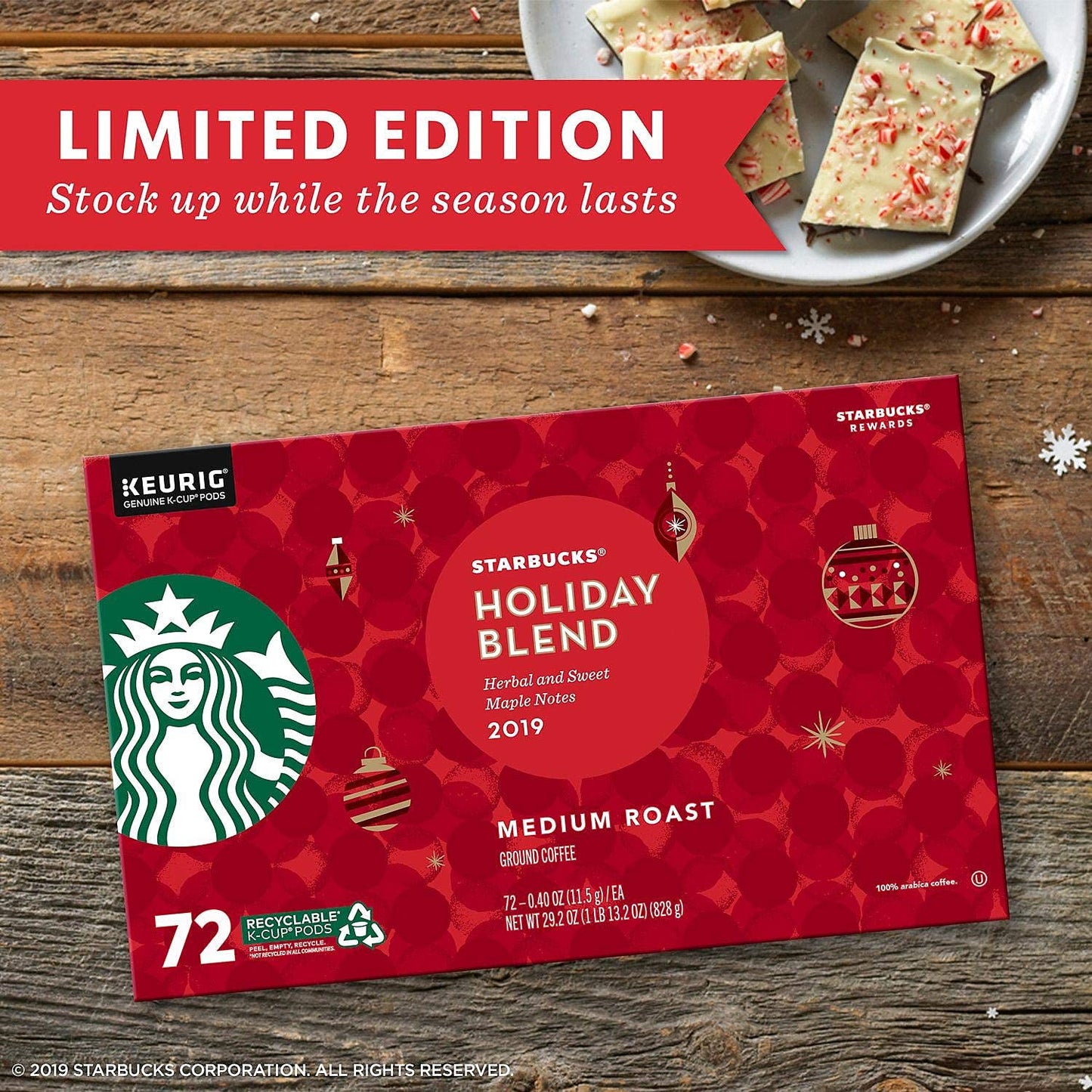 Starbucks Coffee Holiday Blend K Cup Pods, 29.2 Oz, 72 Count
