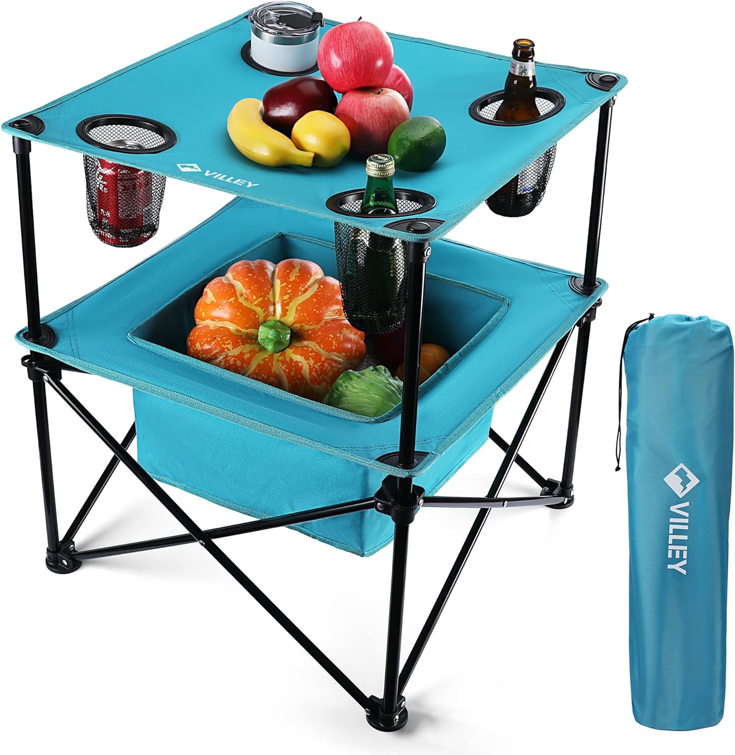 VILLEY Portable Camping Picnic Table, Lightweight Folding Beach Table with 4 Cup Holders and Carry Bag for Camp, Travel, Fishing, and Outdoor Activities